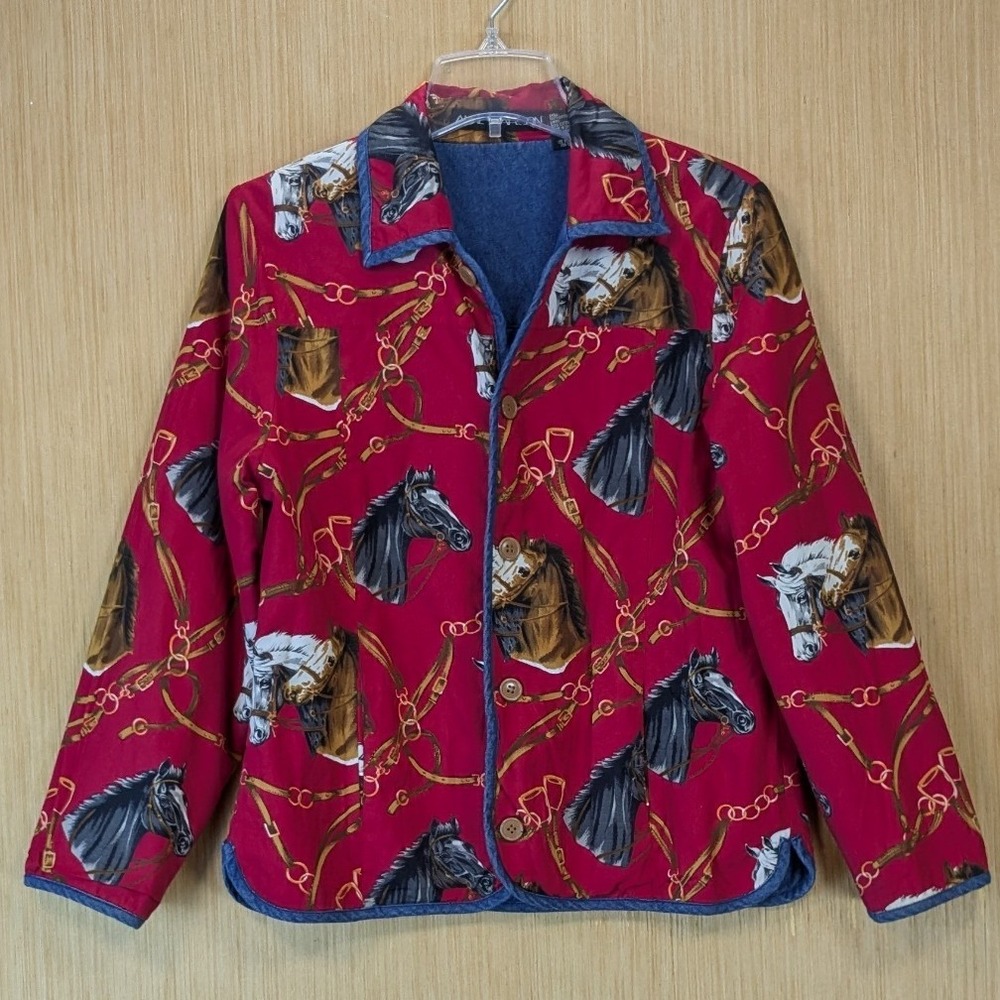 Anne Carson‎ Vintage 90s Reversible Equestrian Horse Denim Jacket Red Blue Small
